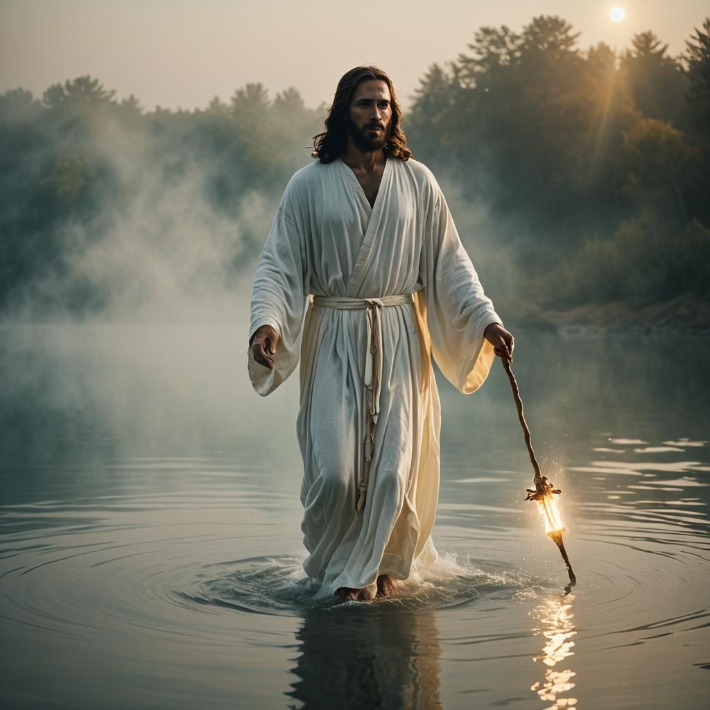 Jesus Christ Walking on Water in Cinematic Style