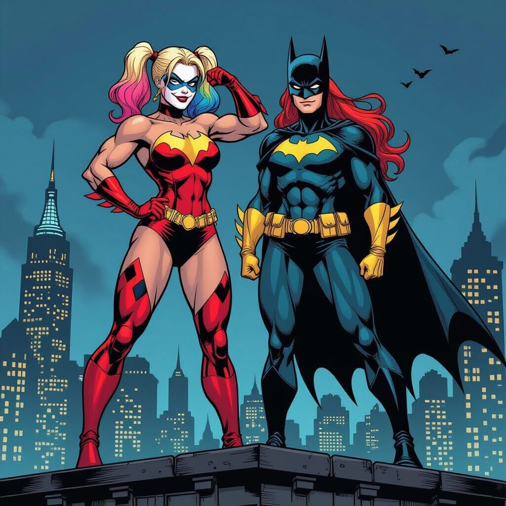 Harley Quinn and Batgirl Flexing on Gotham Rooftop
