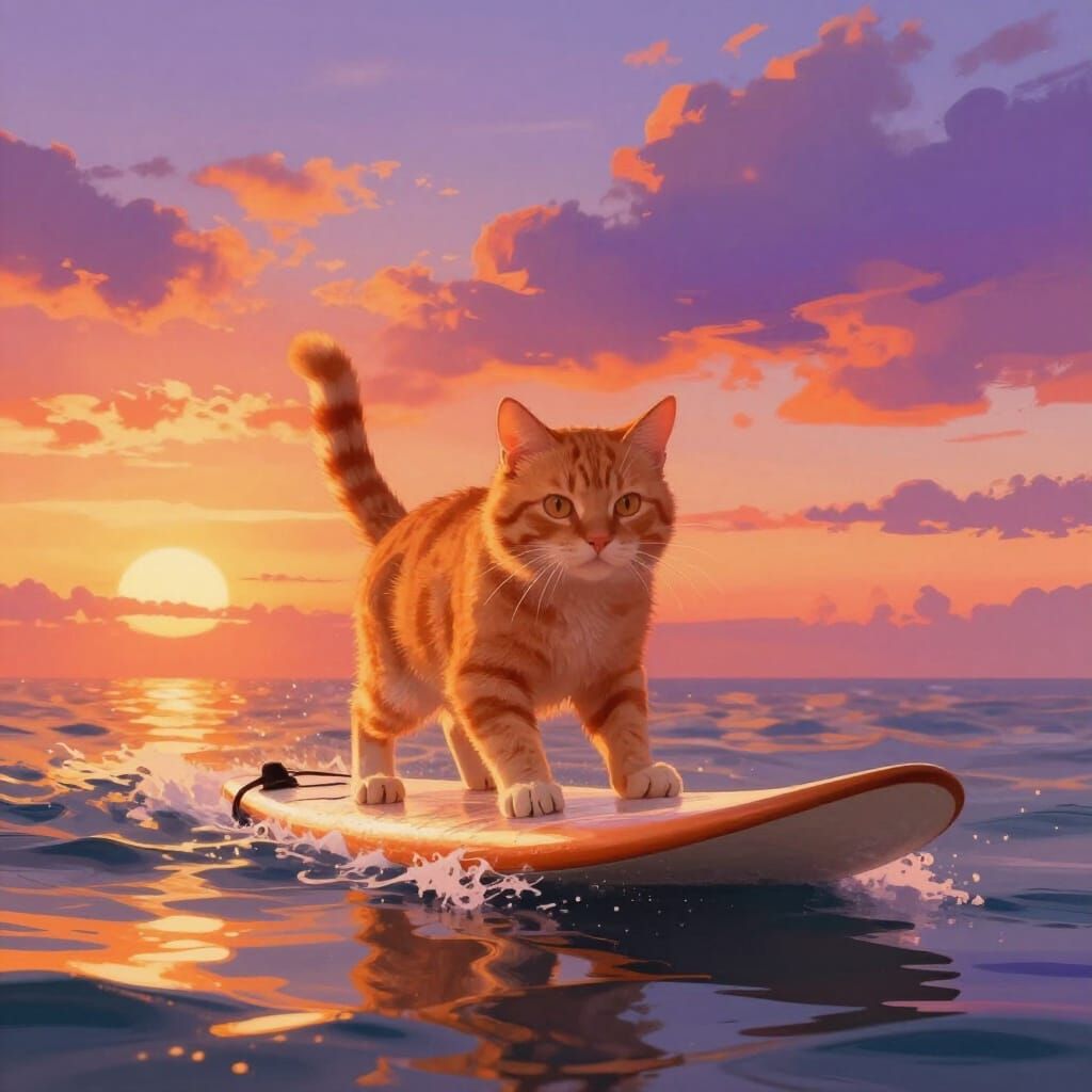Ginger Cat Surfing at Sunset in Vibrant Digital Art Style
