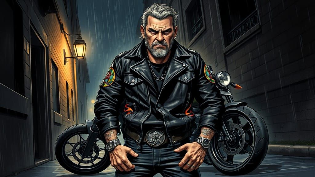 A Cyberpunk Biker Commands Power in Rainy Urban Alley