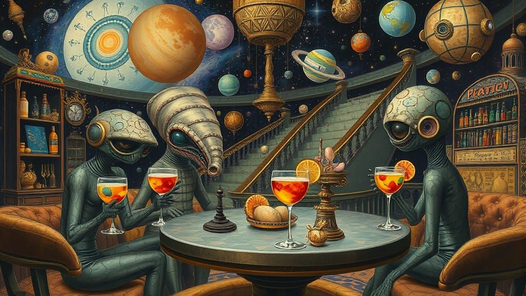 Surreal Galactic Café with Space Creatures, Oil Painting