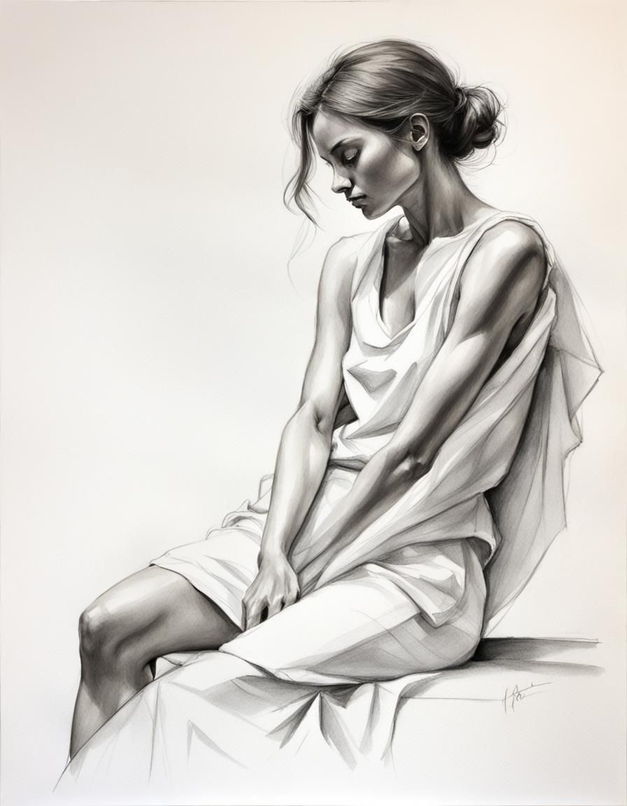 Monotone Graphite Sketch of Woman Under Sheet