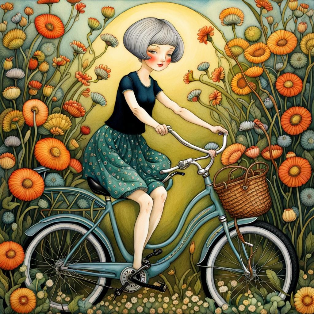 Happy Cyclist Waving Goodbye in Art Nouveau Style