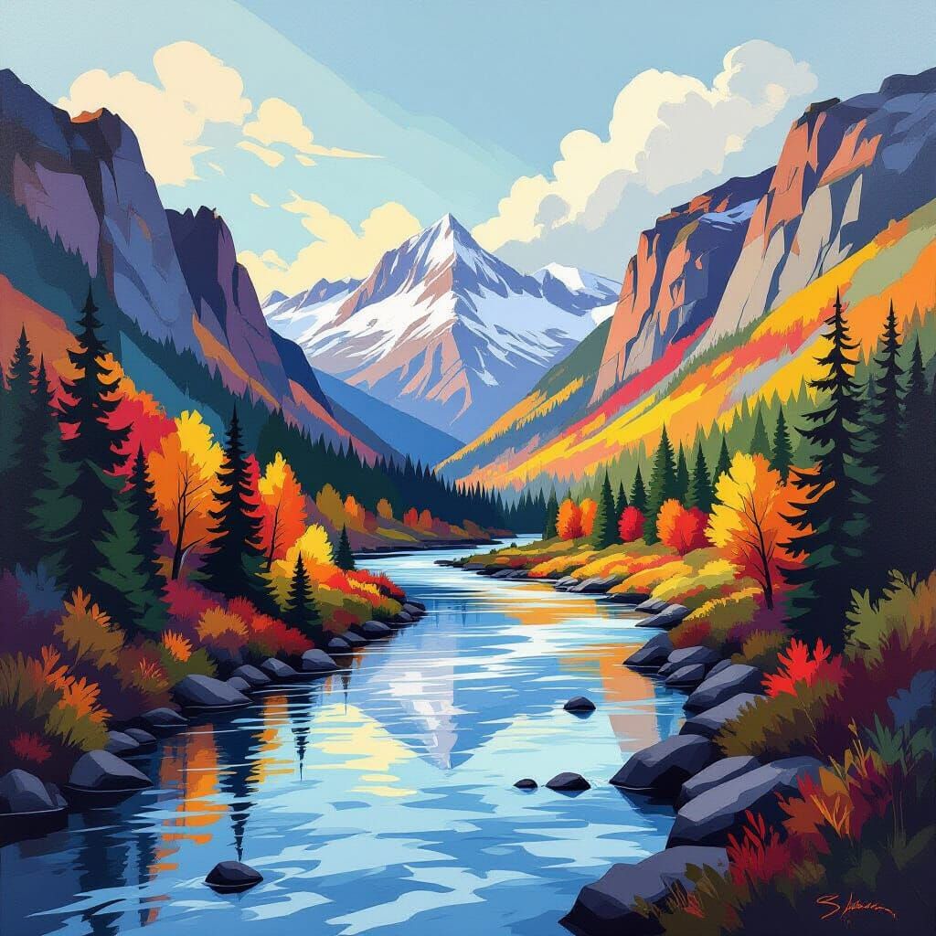 Oregon River in Autumn, Neo-Impressionist Style