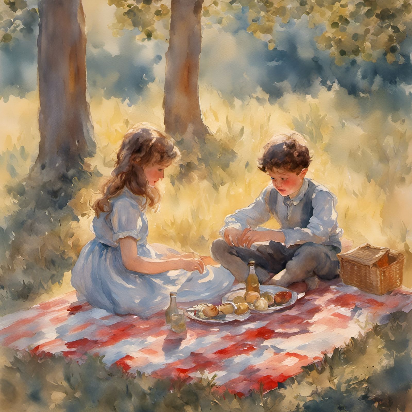 Children's Picnic in Claude Monet Watercolour Style