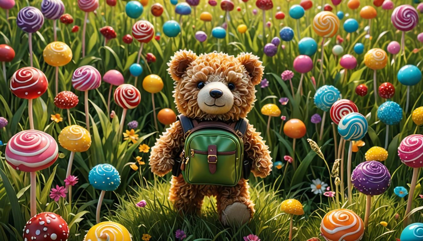 Teddy Bear's Candy Meadow Adventure: Hyper-Realistic Digital...