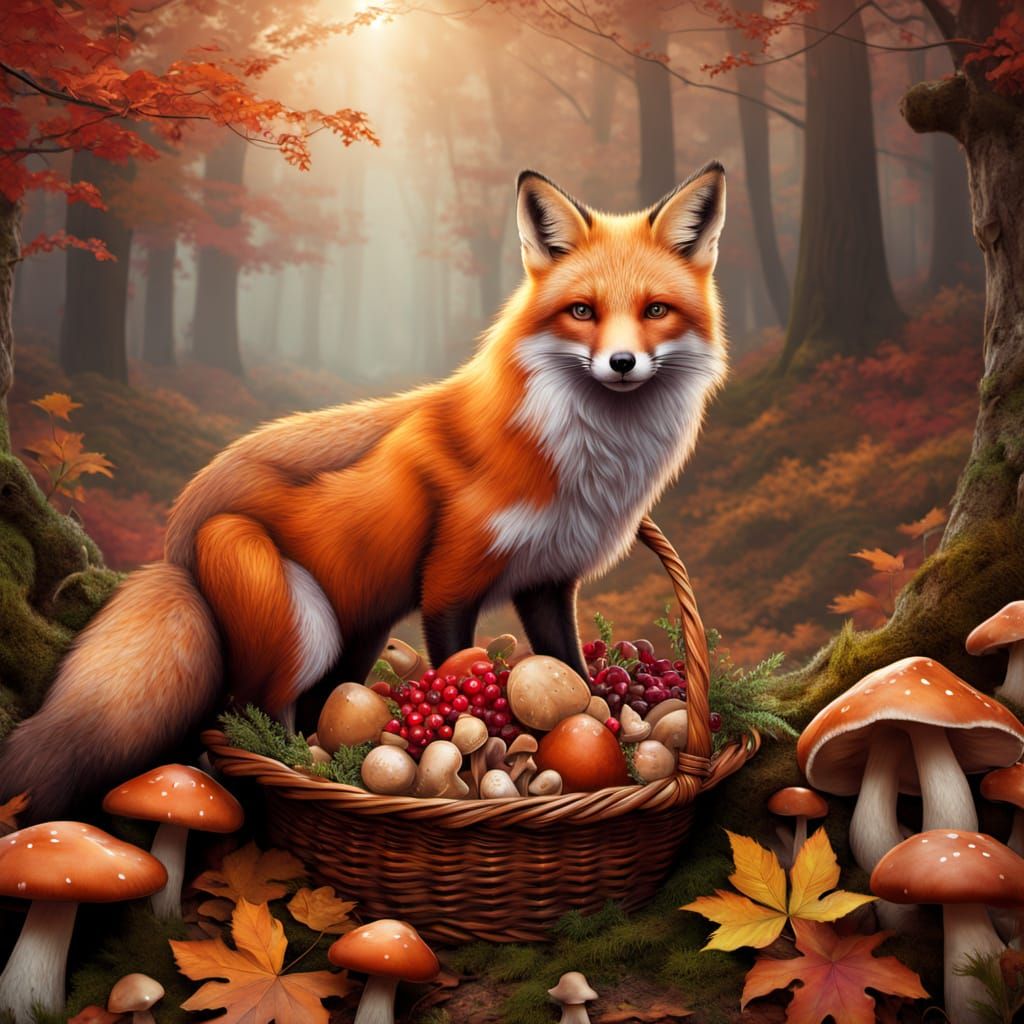 Red Fox in Golden Forest at Dawn with Autumn Bounty