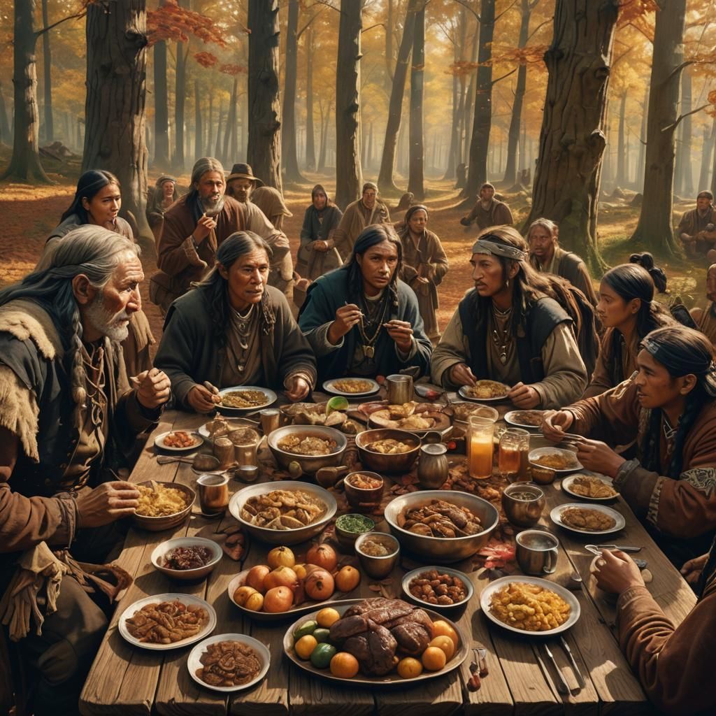 Pilgrims and Native Americans at Thanksgiving Feast