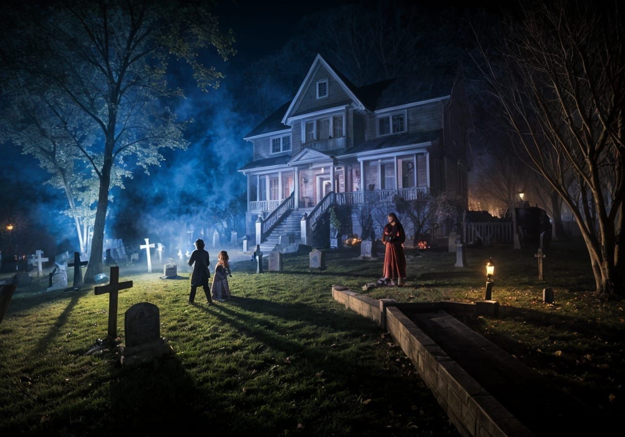 Haunted Halloween Night With Foggy Graveyard Trick-Or-Treate...