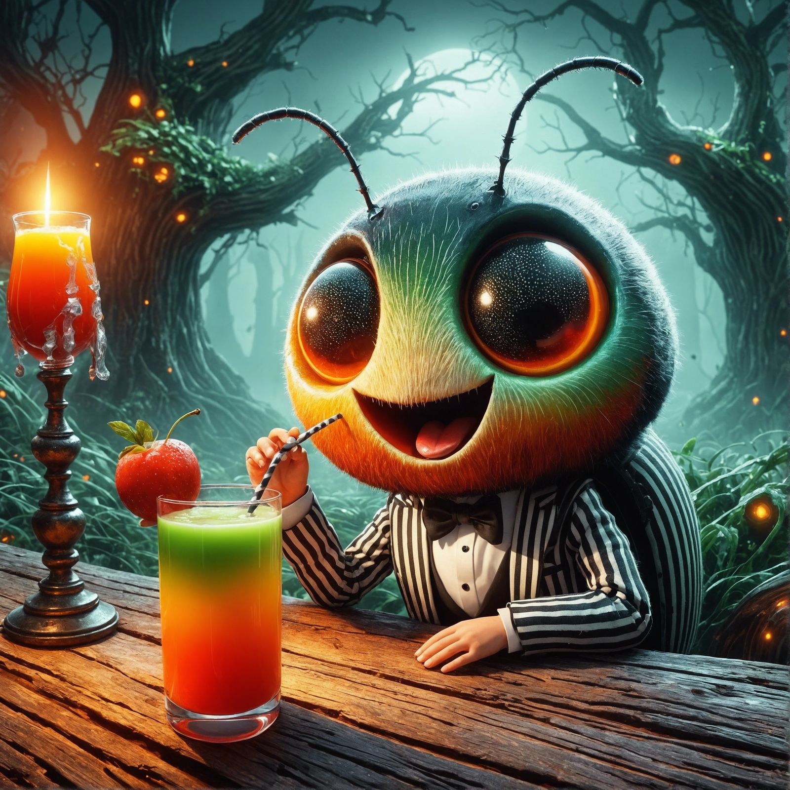 Cartoon Beetle Sipping Juice in a Spooky Forest
