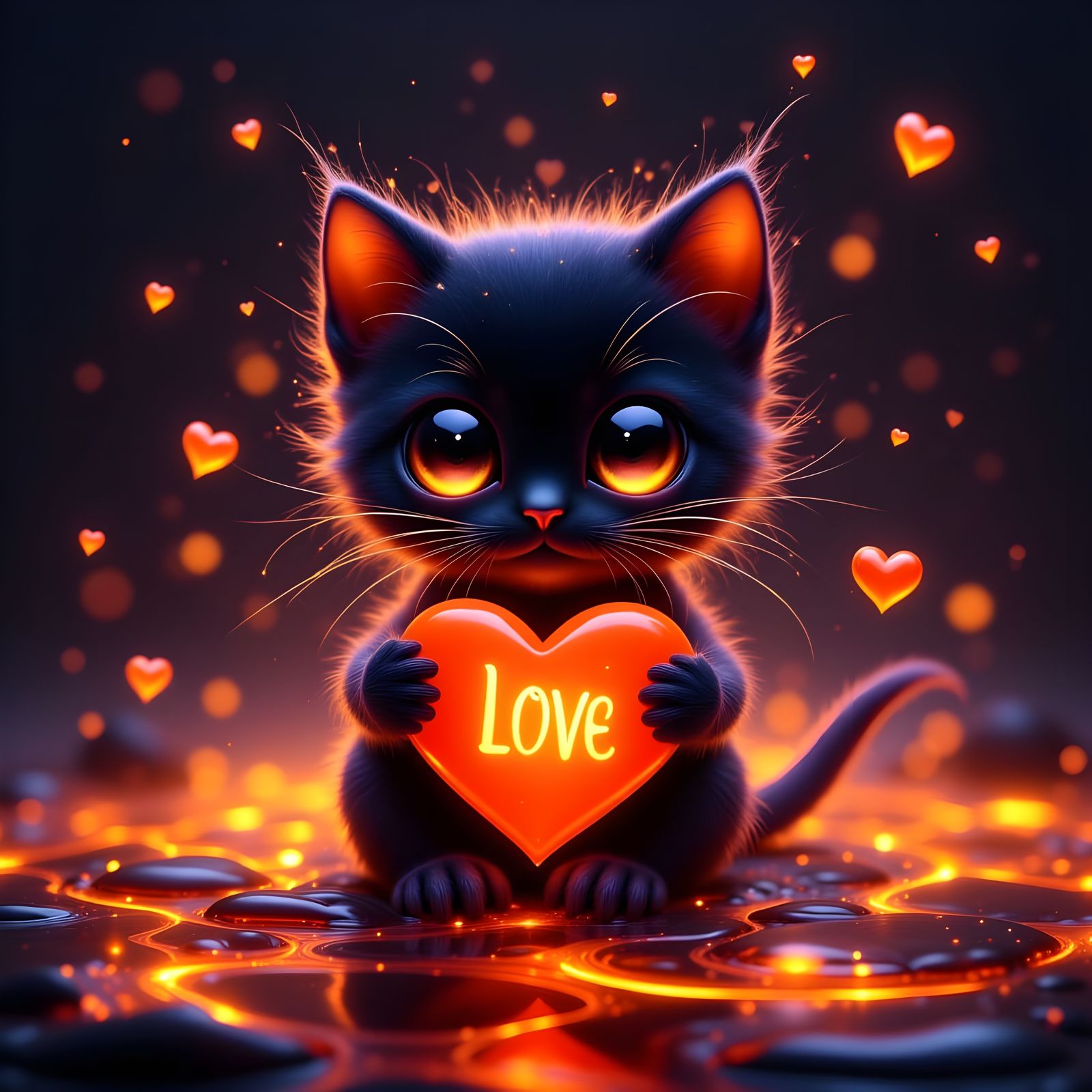 Adorable Black Kitten Holding Valentine Heart