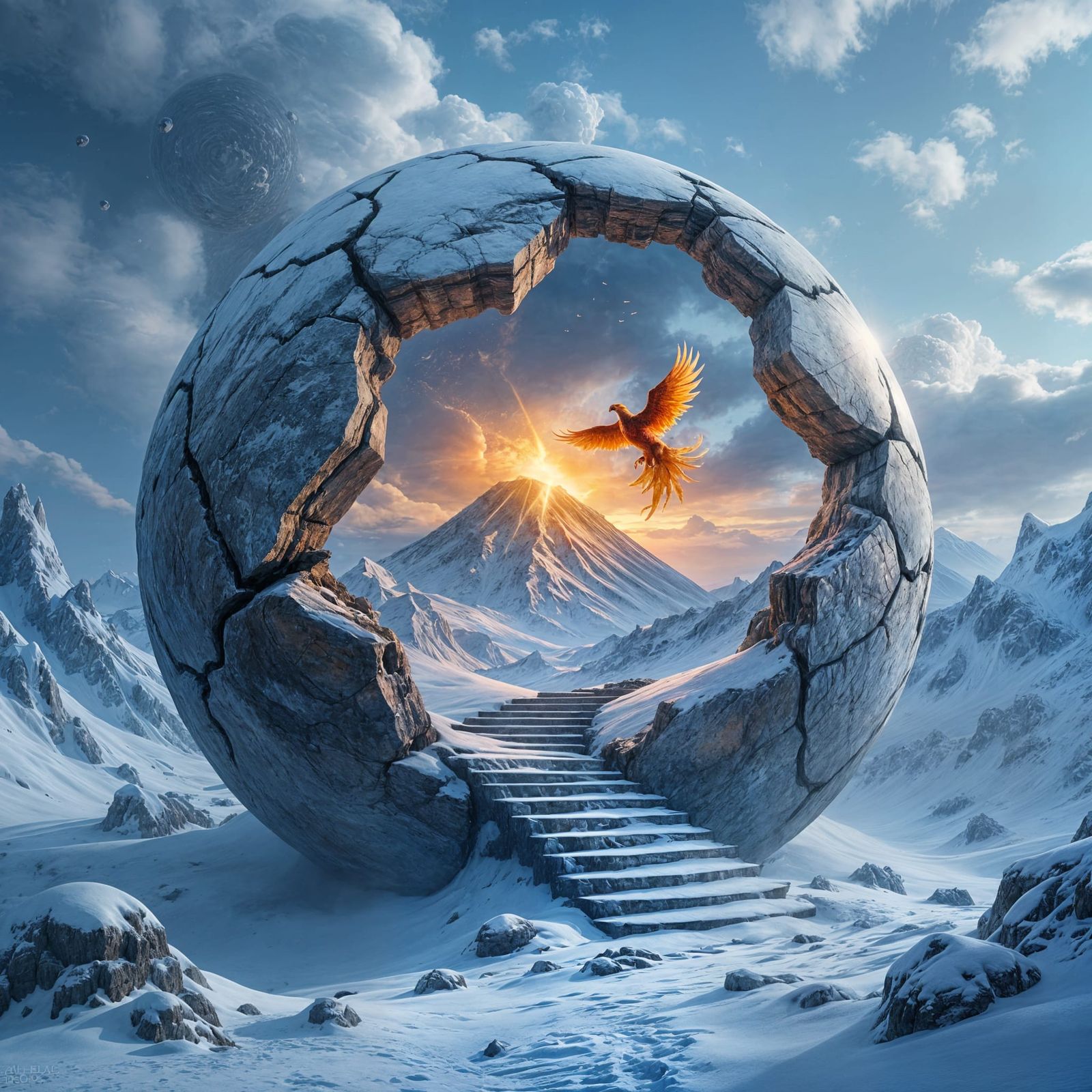 Surreal Fantasy Landscape with Phoenix and Blizzard