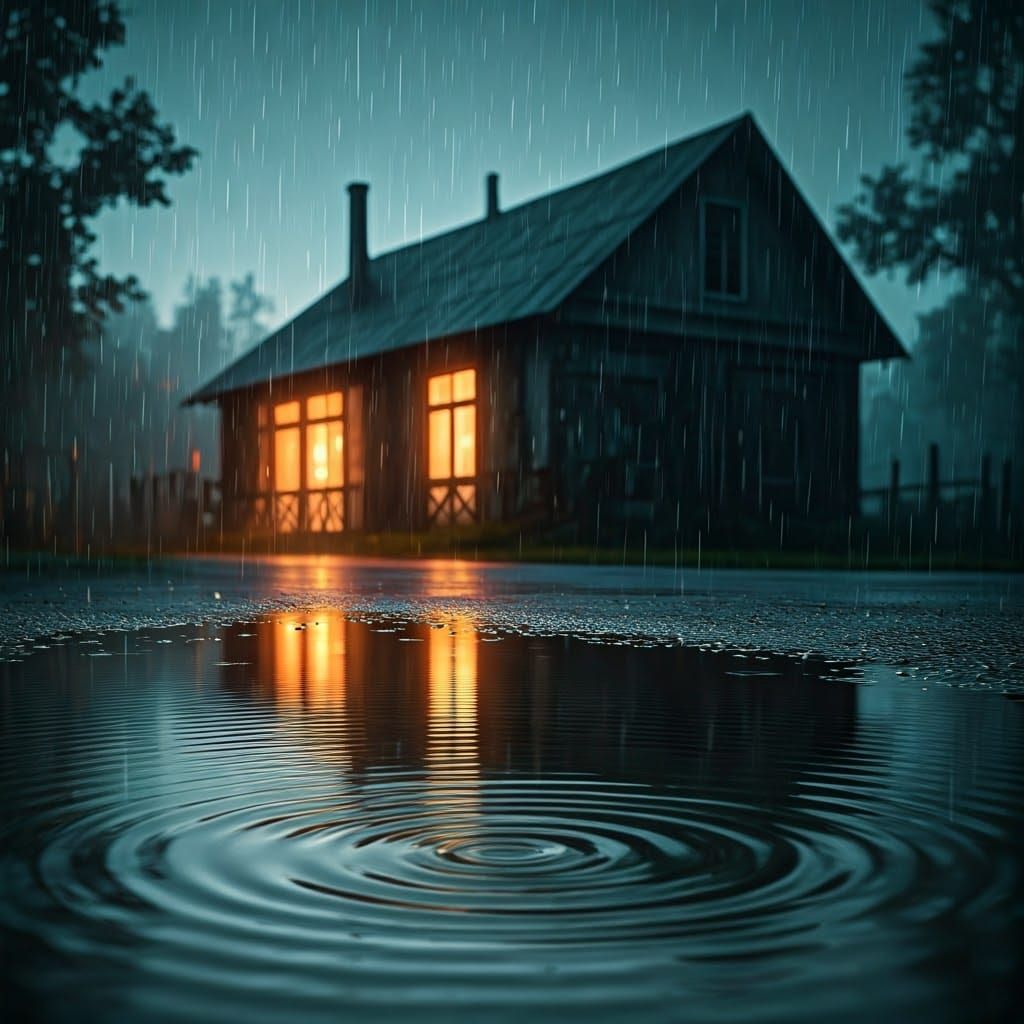 Rustic House Reflection in Gentle Morning Rain