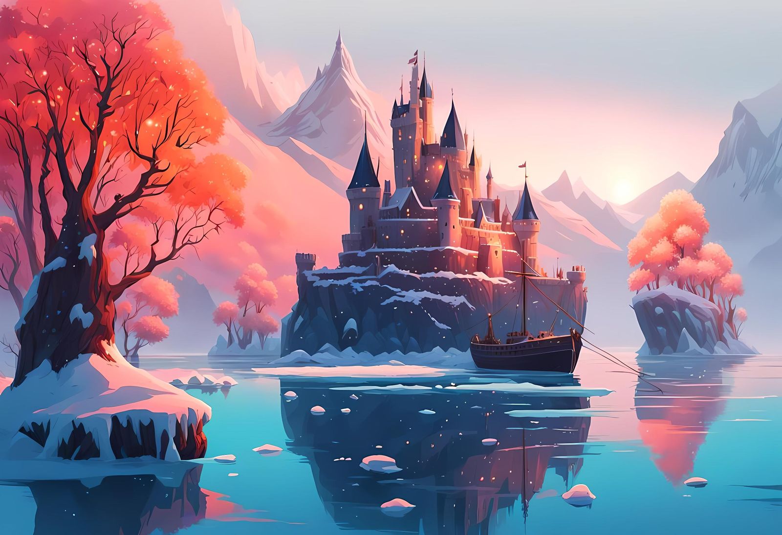 Snowy Island Castle at Night: Dreamlike Illustration