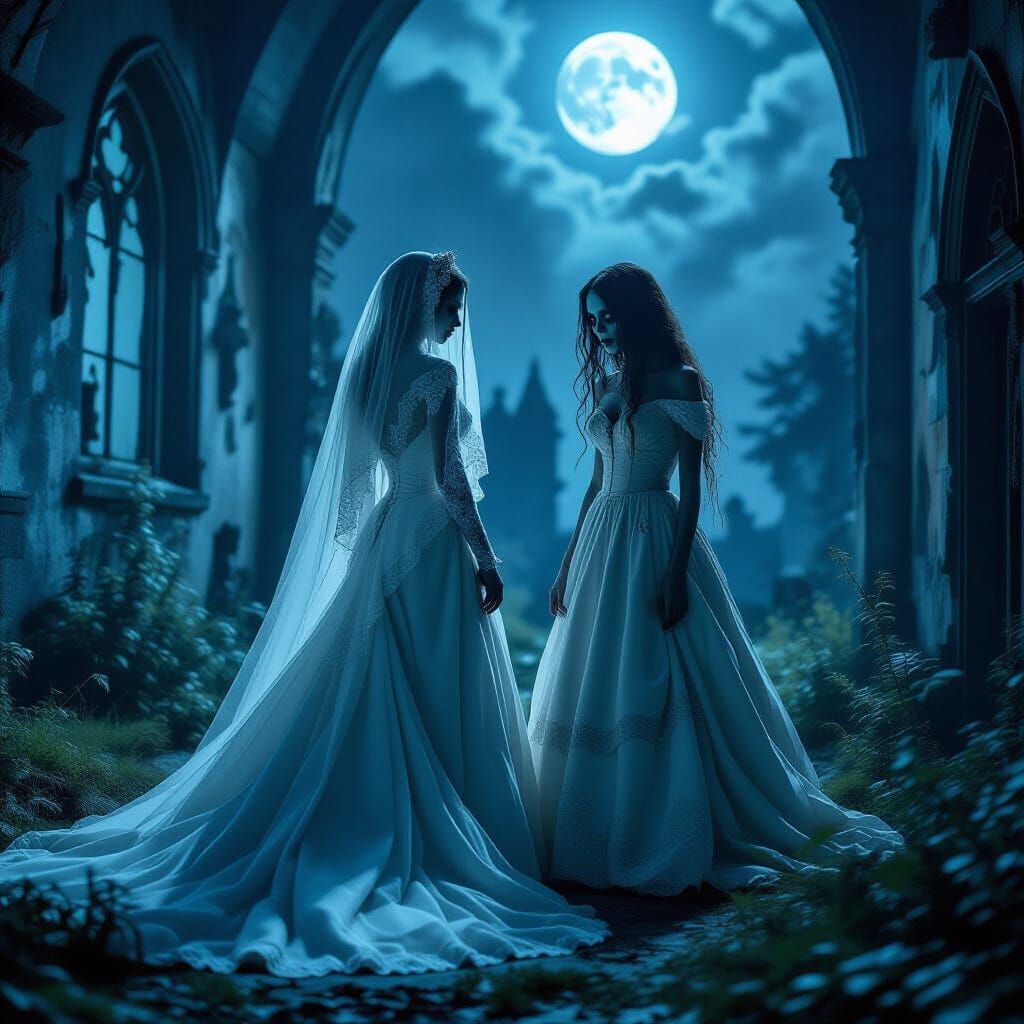 Ghost Bride and Zombie Bride in Gothic Ruins