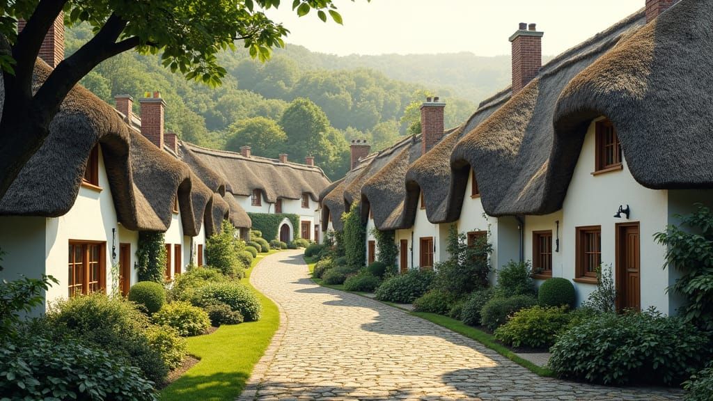 Idyllic Thatched Cottage Village in Dreamlike Landscape