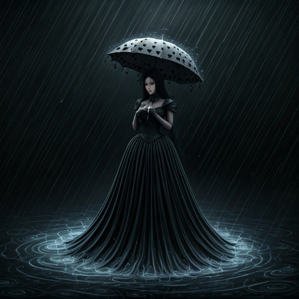 Dark Fantasy Woman with Umbrella in Rain