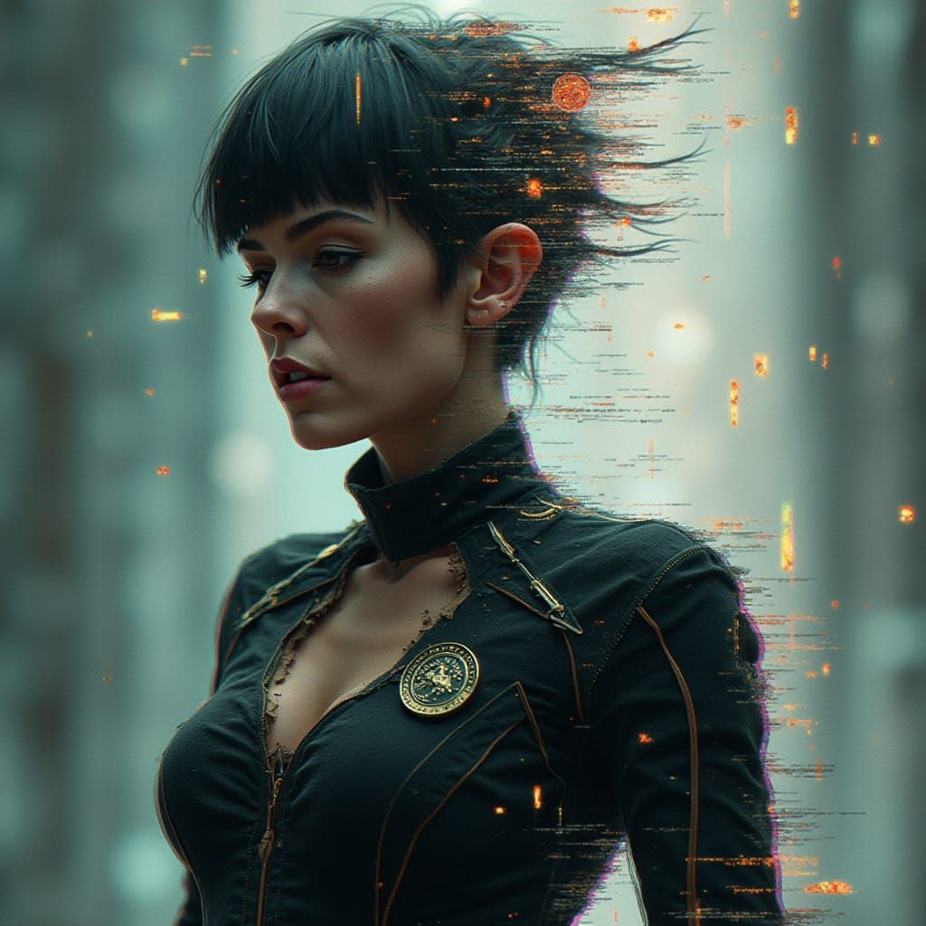 Glitched Starfleet Officer in Cyberpunk Style