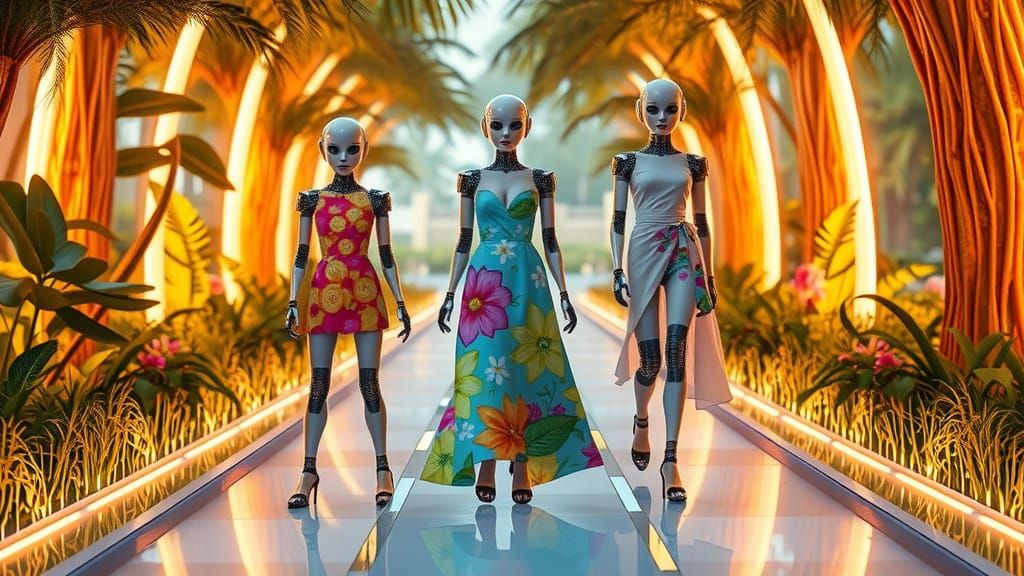 Futuristic Robot Fashion Show in Neon Garden