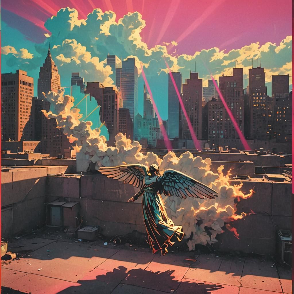 Pop Art Angel Descends in Retrofuture Cityscape