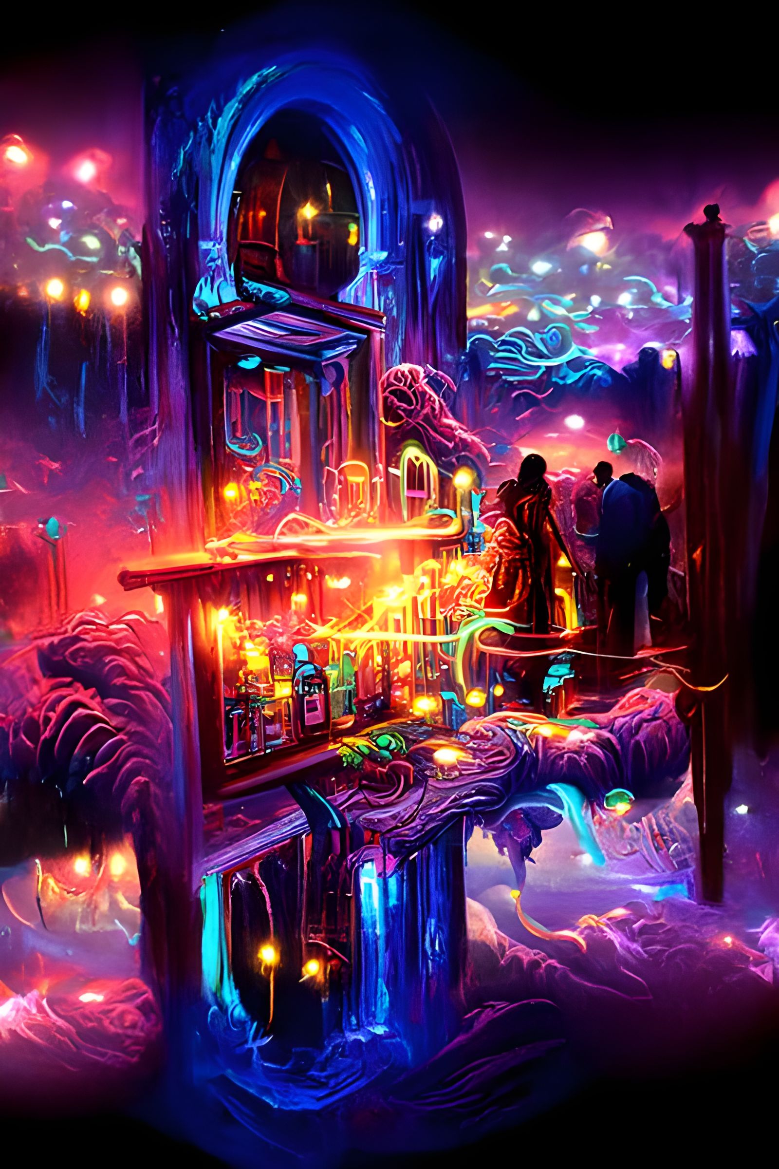 Neon Fantasy Tavern Cellar with Bioluminescent Lights