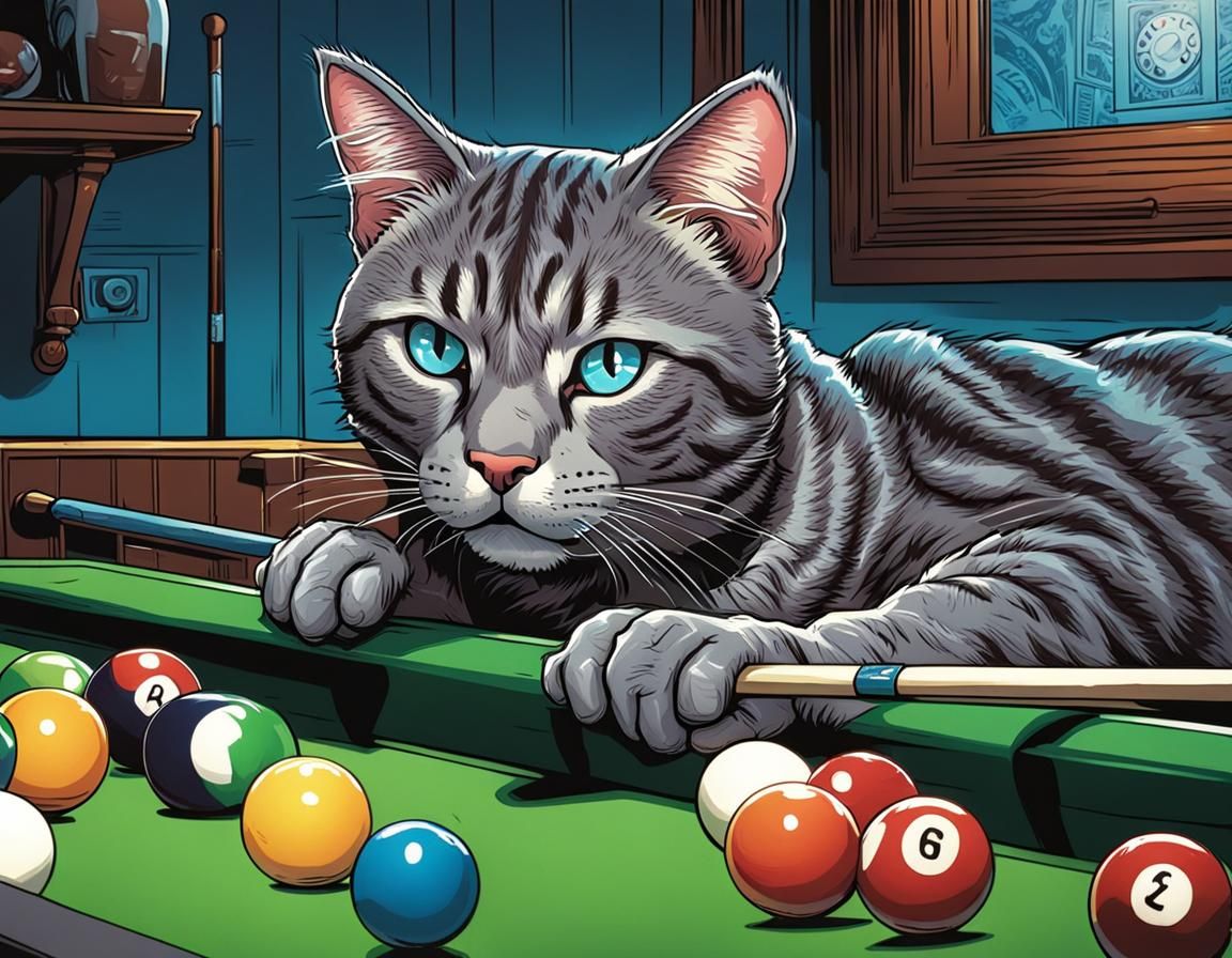 Grey tabby cat, playing billiards
