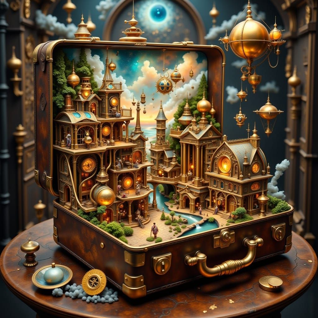 Mechanical City Inside Vintage Suitcase
