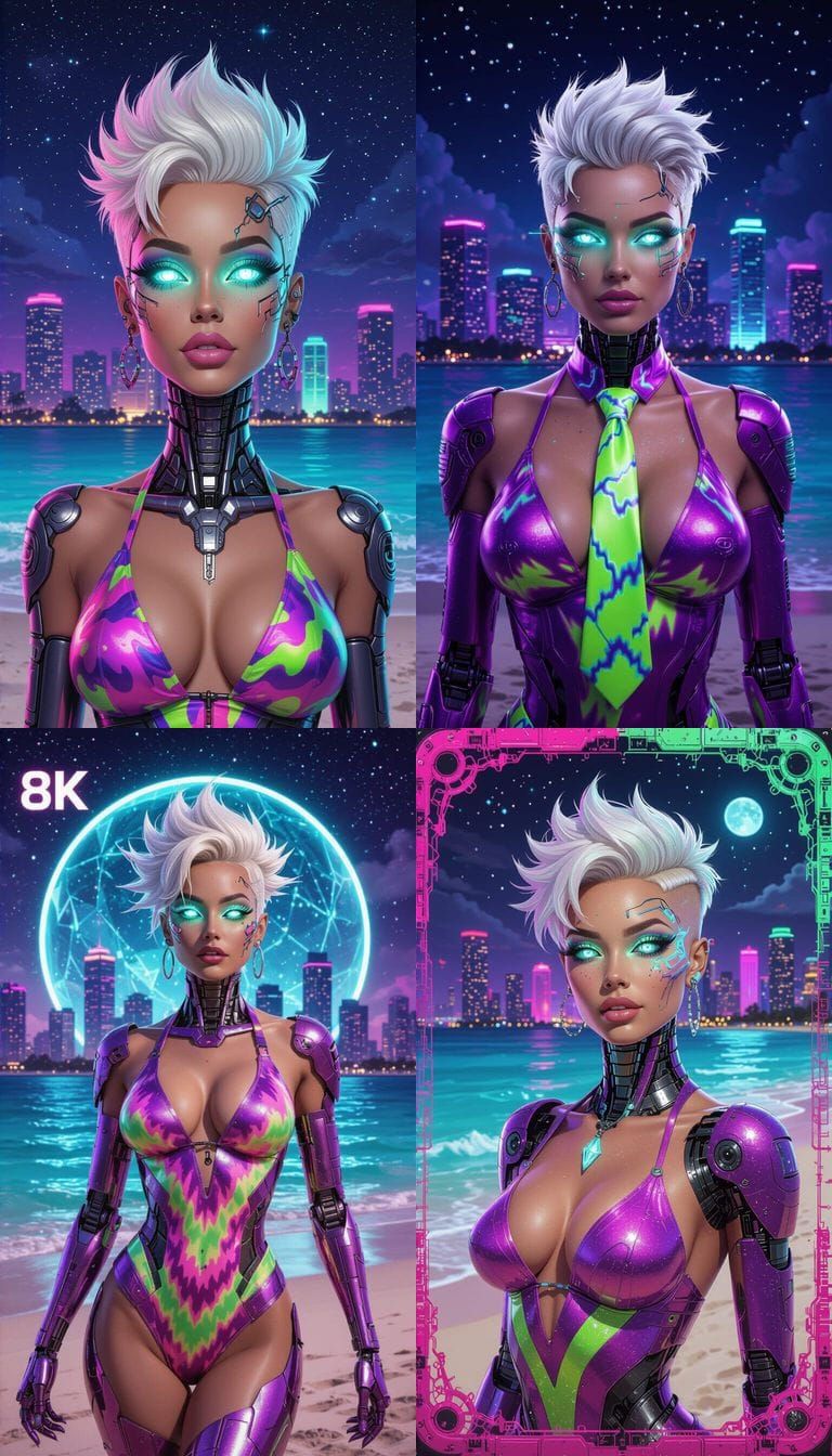 Miami Beach Cyborg Goddess in Vaporwave Style