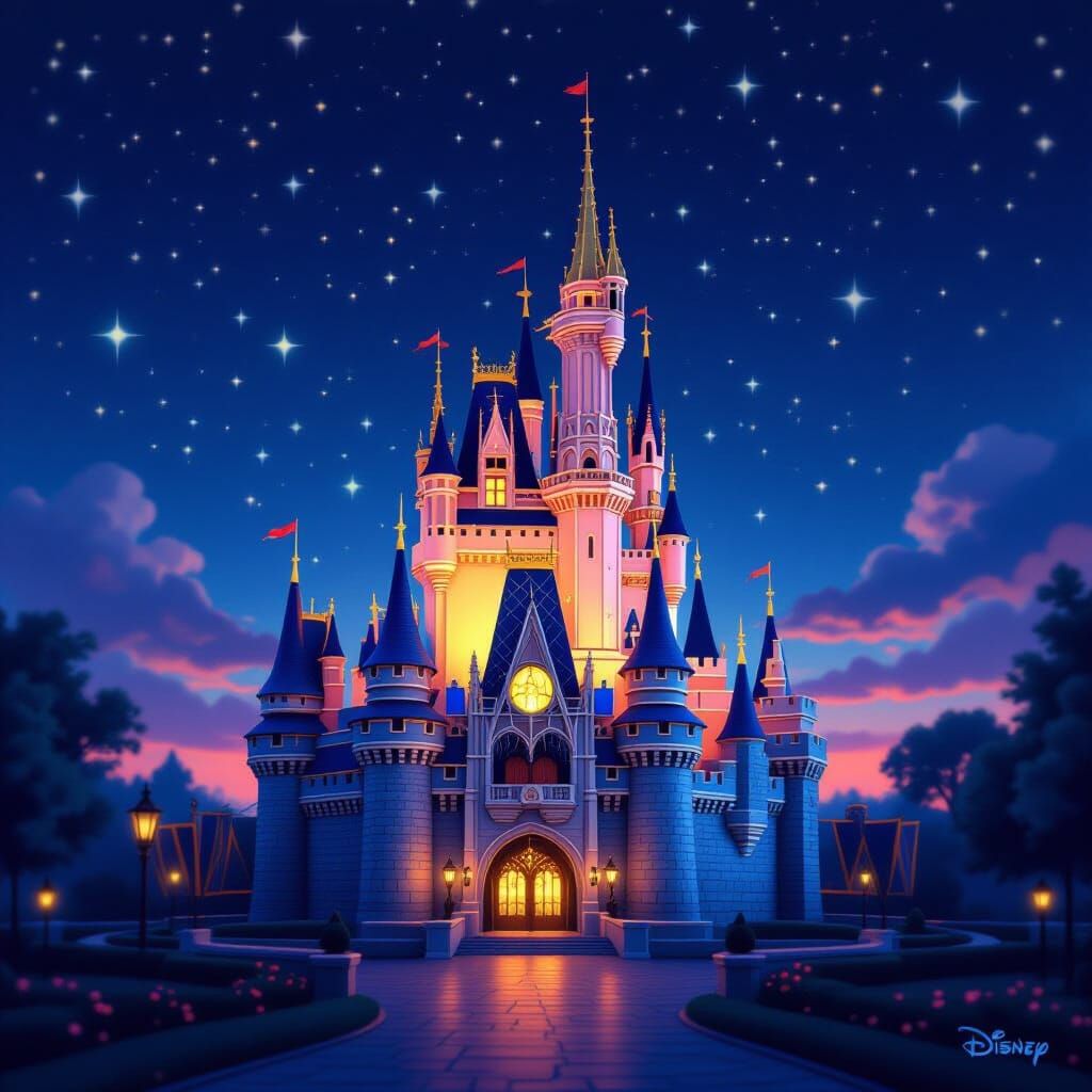 Cozy Fairytale Castle Glows in Starry Night Digital Painting