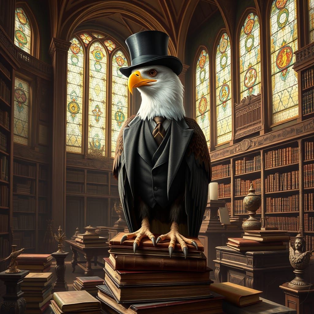 Elegant Eagle in Grand Library Setting, Inspired by Dutch Ma...