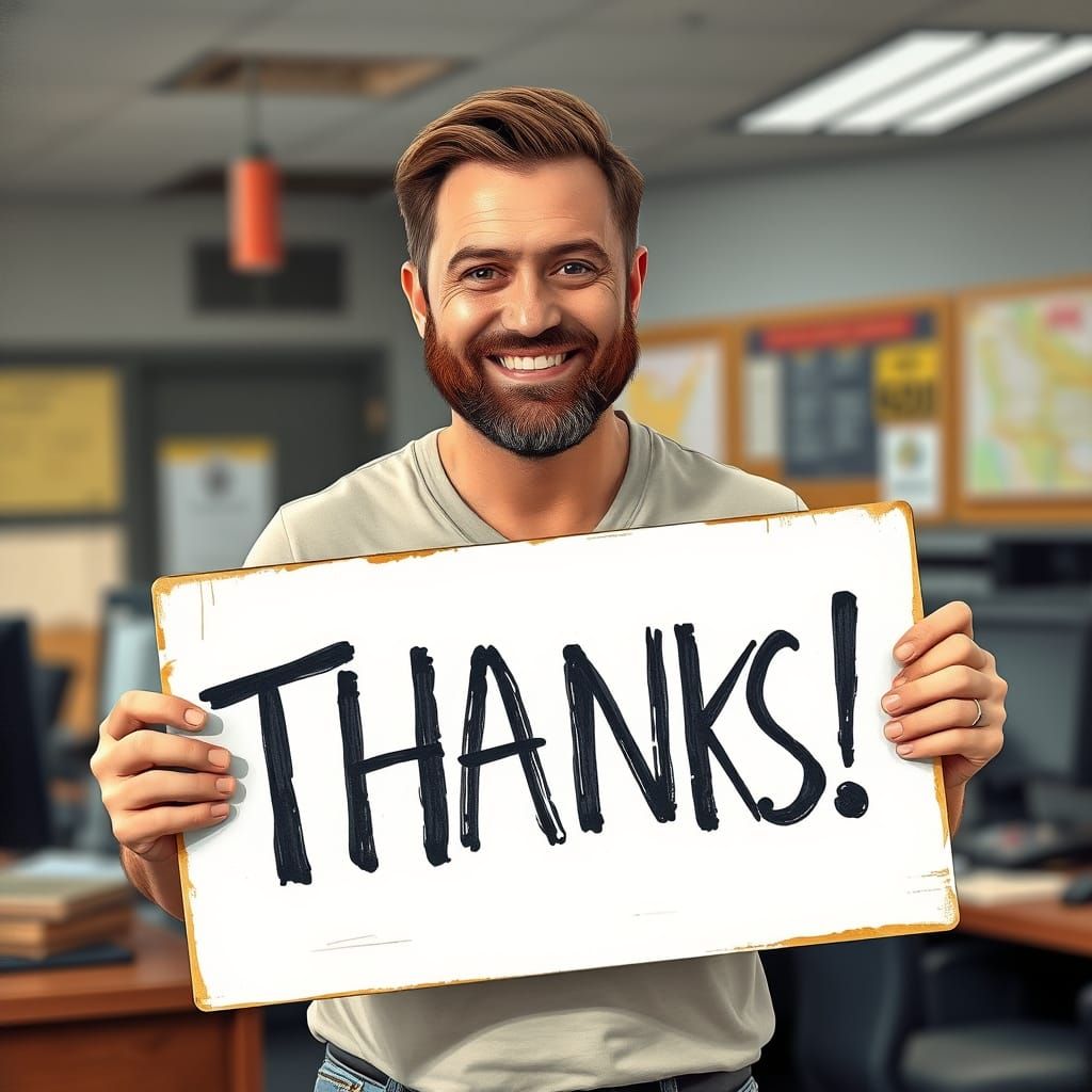 Man in Dispatch Uniform Holds Thanks Sign