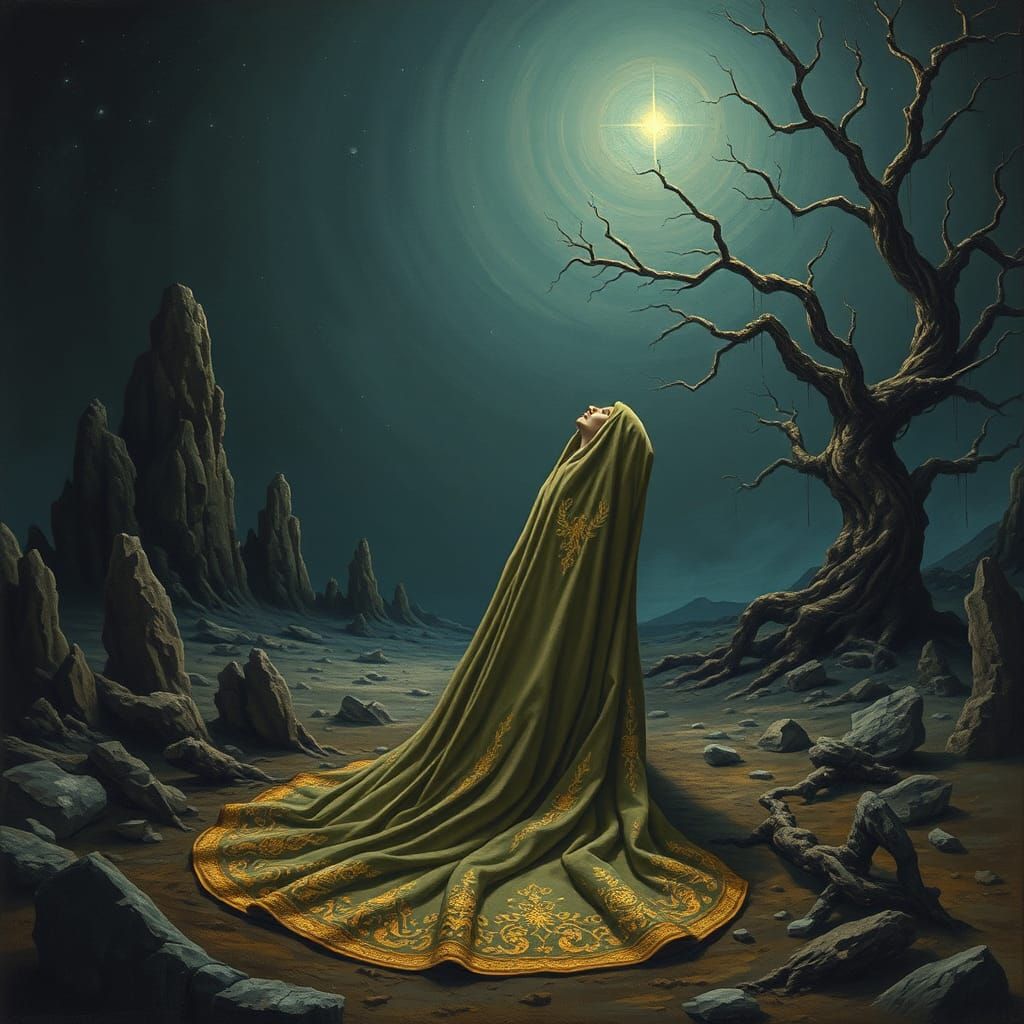 Moonlit Figure in Desolate Landscape