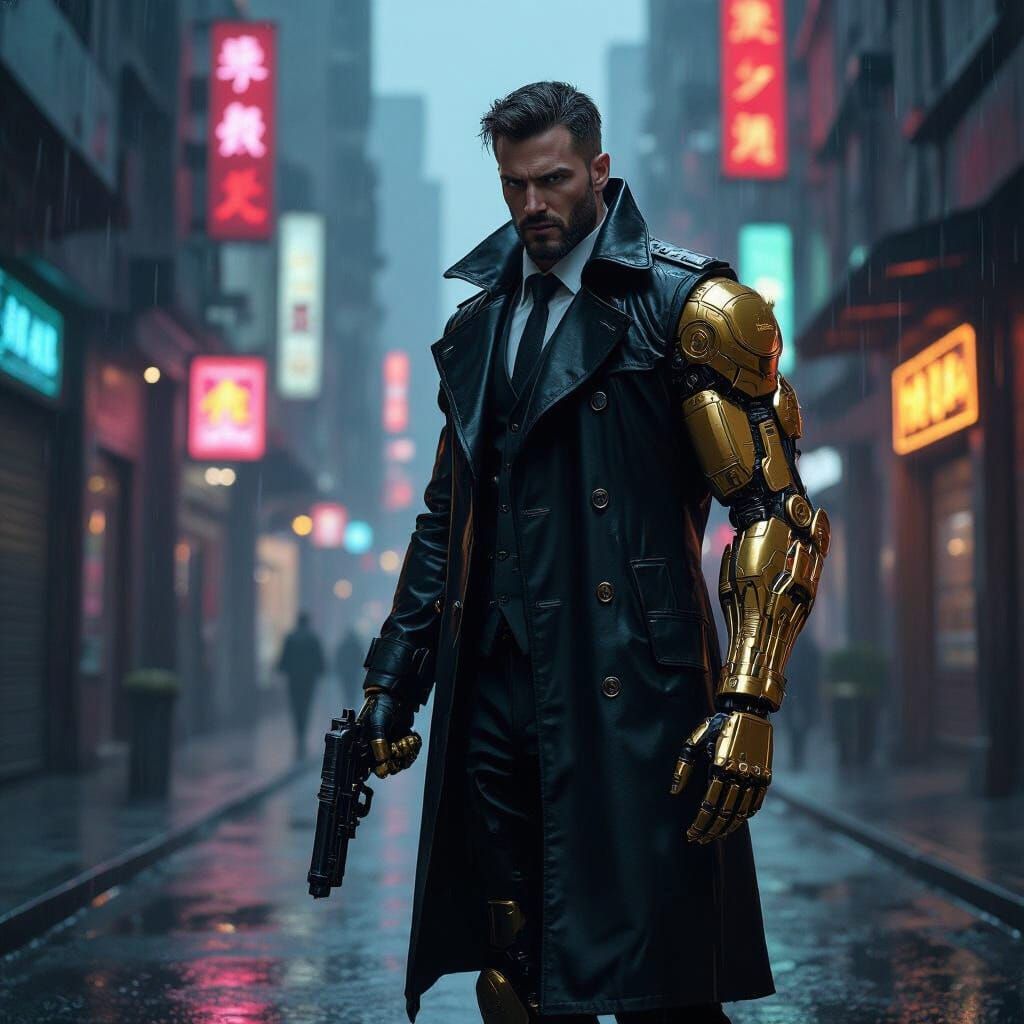 Cyberpunk Detective with Mechanical Limbs in Rainy Alley
