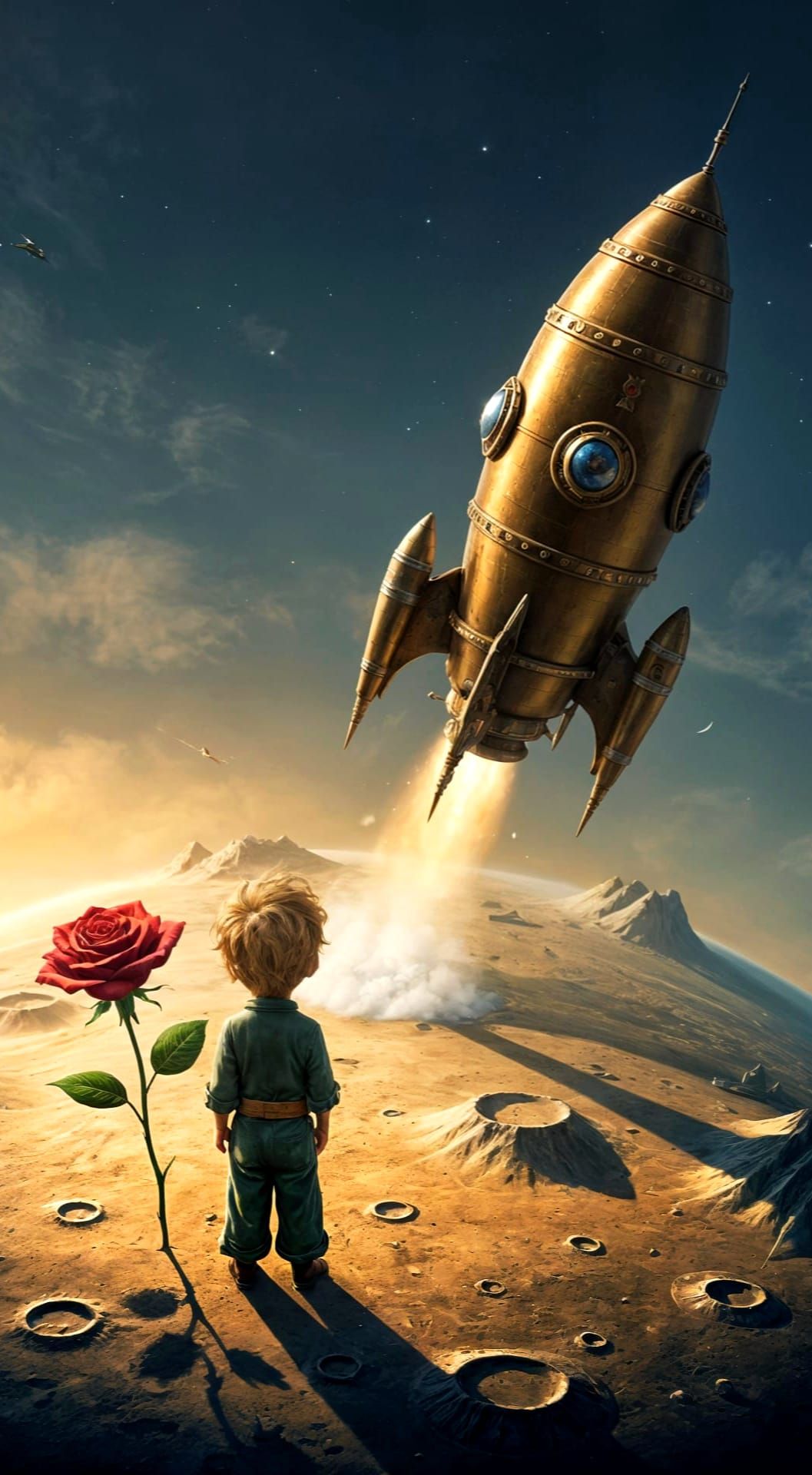 Bronze Rocket Landing on the Little Prince's Planet