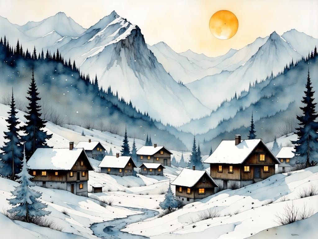 Snowy Bavarian Alps in Modern European Ink Painting Style