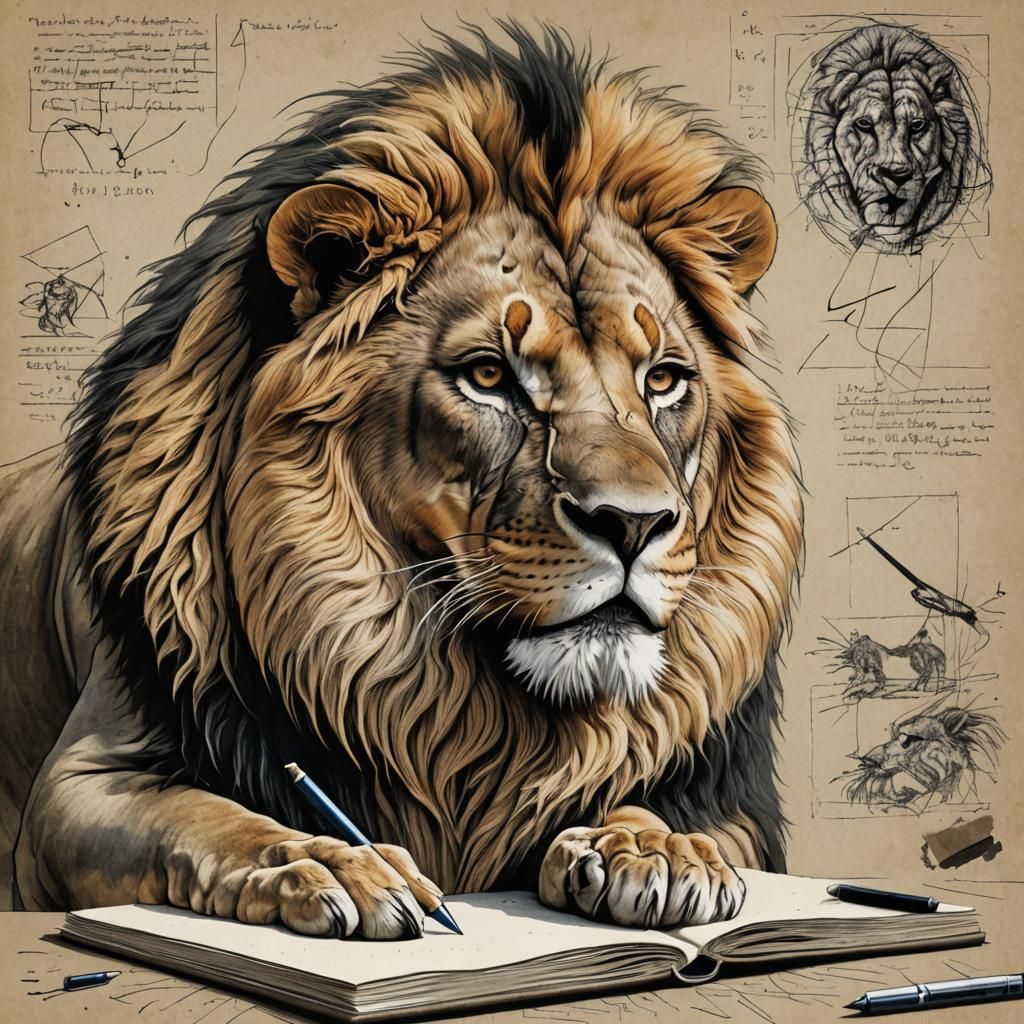 Lion Emerges from Notebook: Hyper-Realistic Digital Art