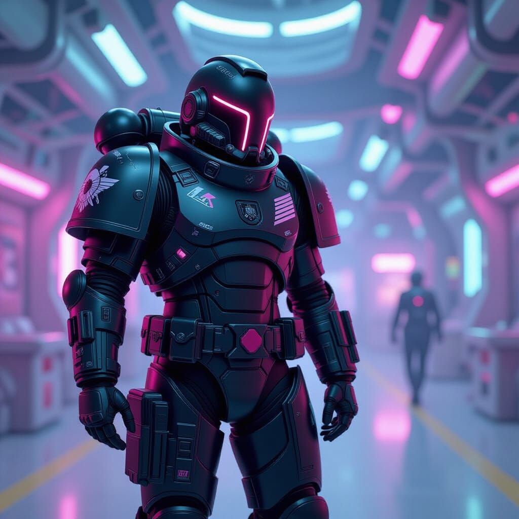 Cyberpunk Space Marine in Pastel Space Station