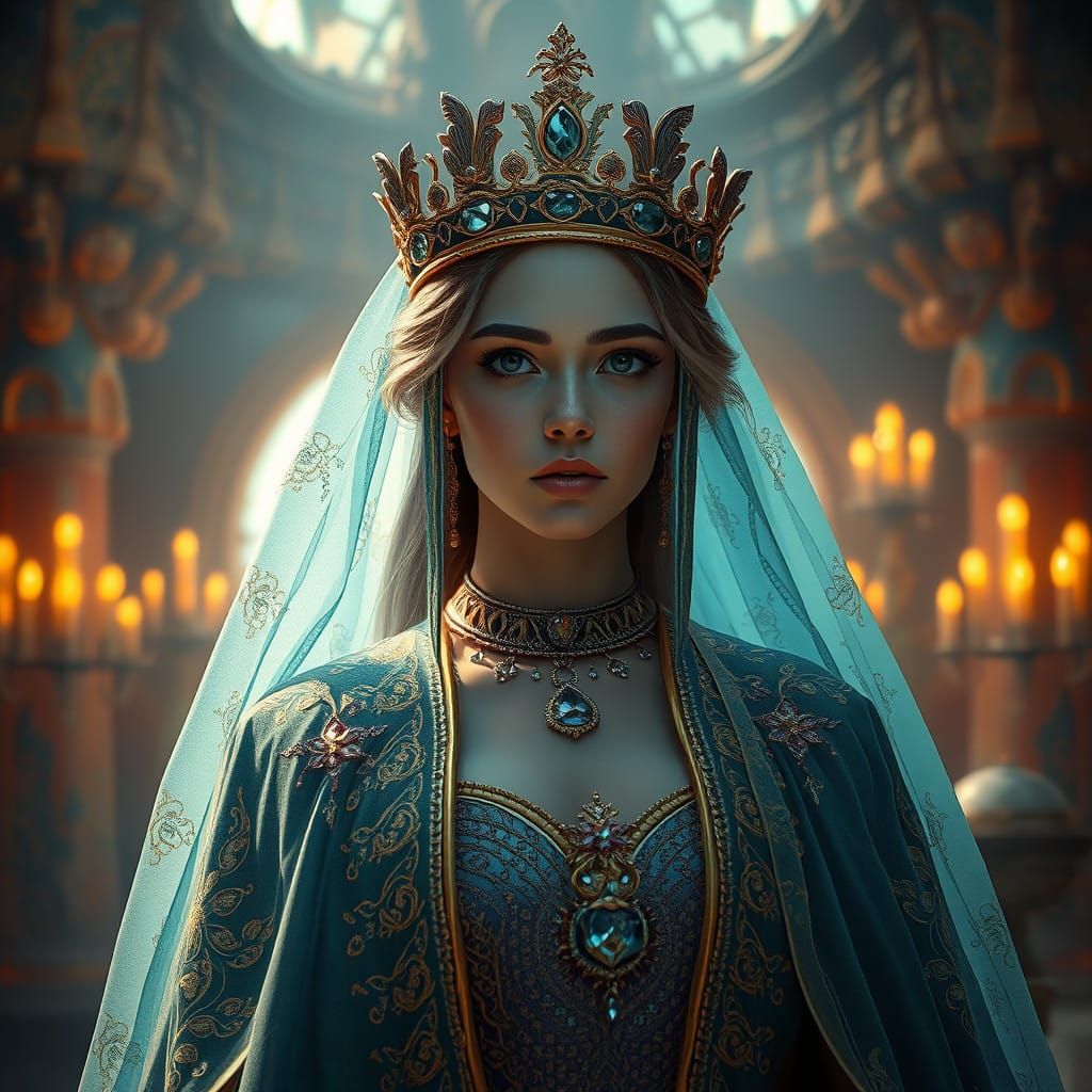 Fantasy Queen in Golden Regalia Amidst Dreamlike Landscape