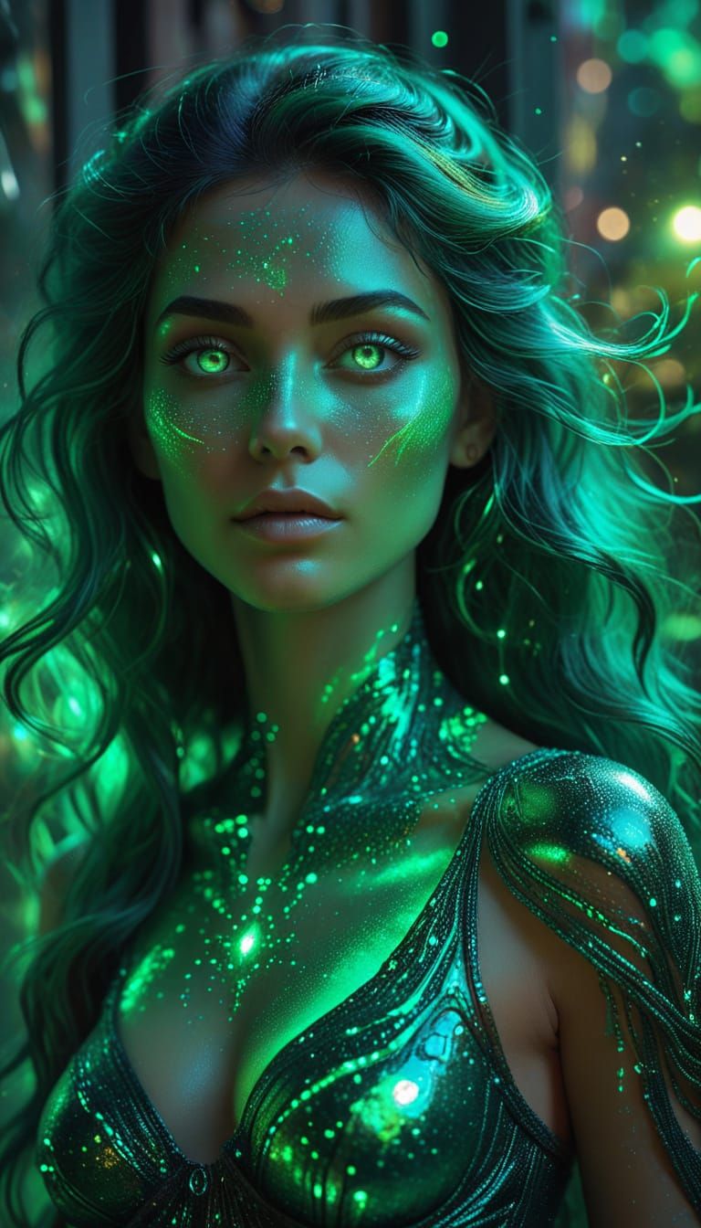 "naked mysterious beautiful woman with glowing emerald green...