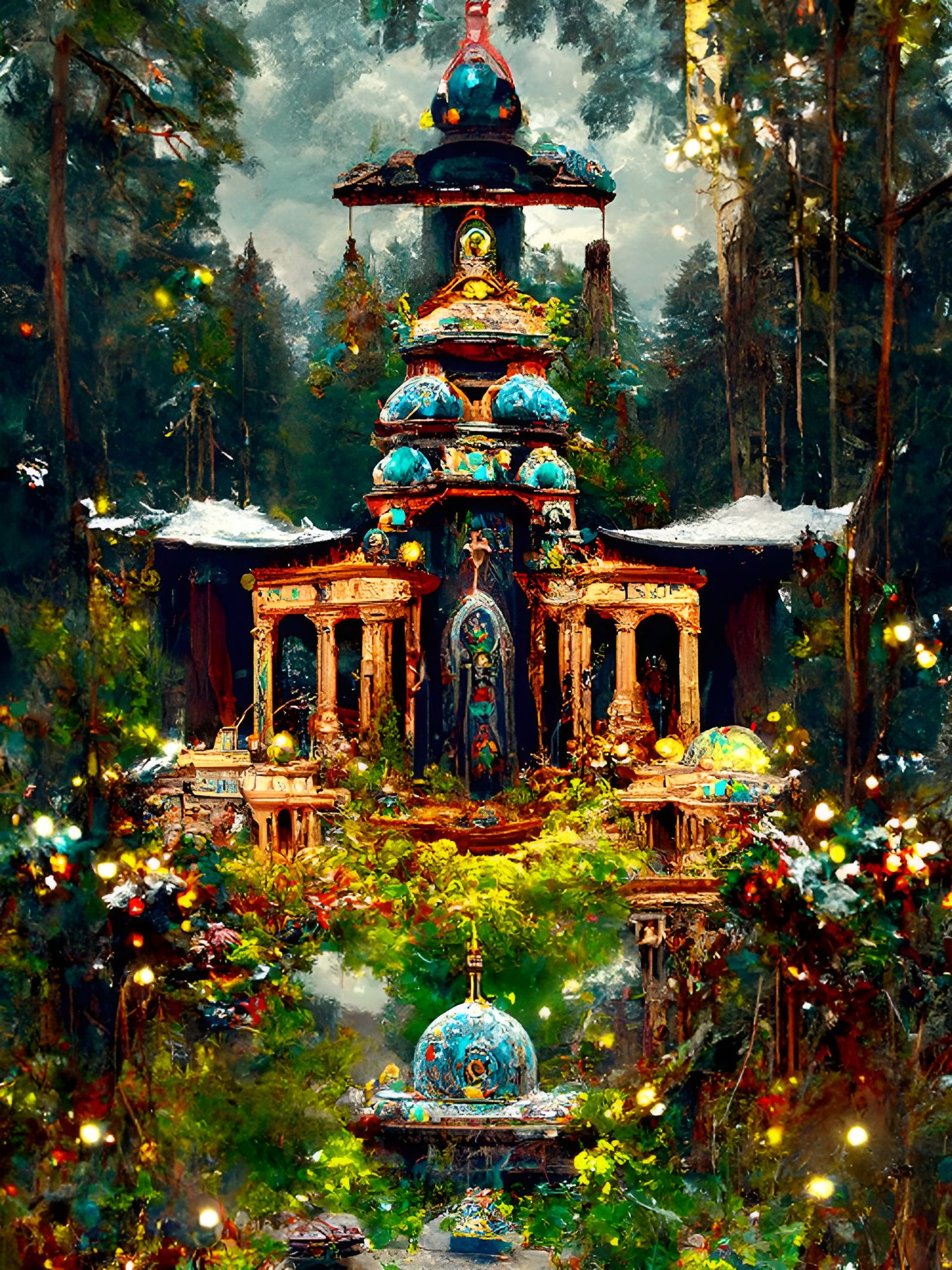 Enigmatic Forest Temple Painting in Bohemian Style