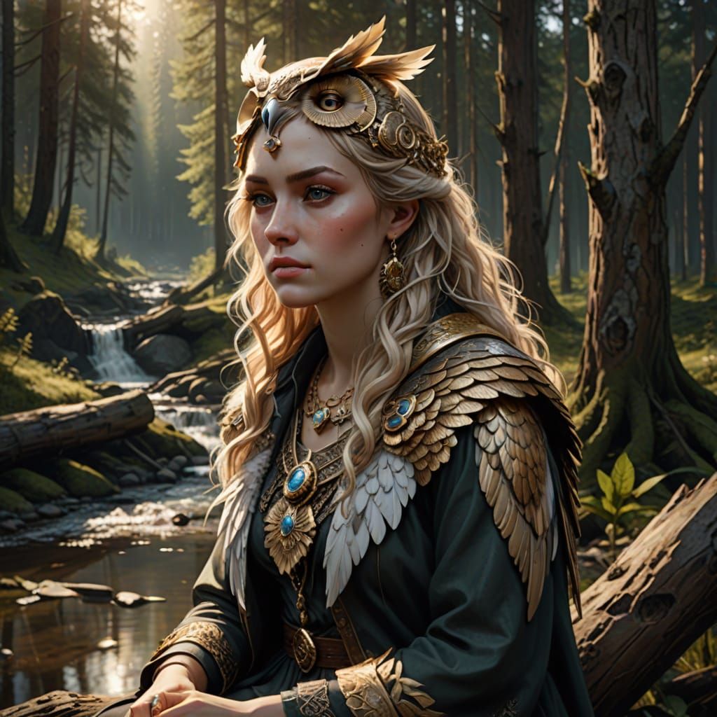 Woman with Owl in Forest: 3D Art Masterpiece