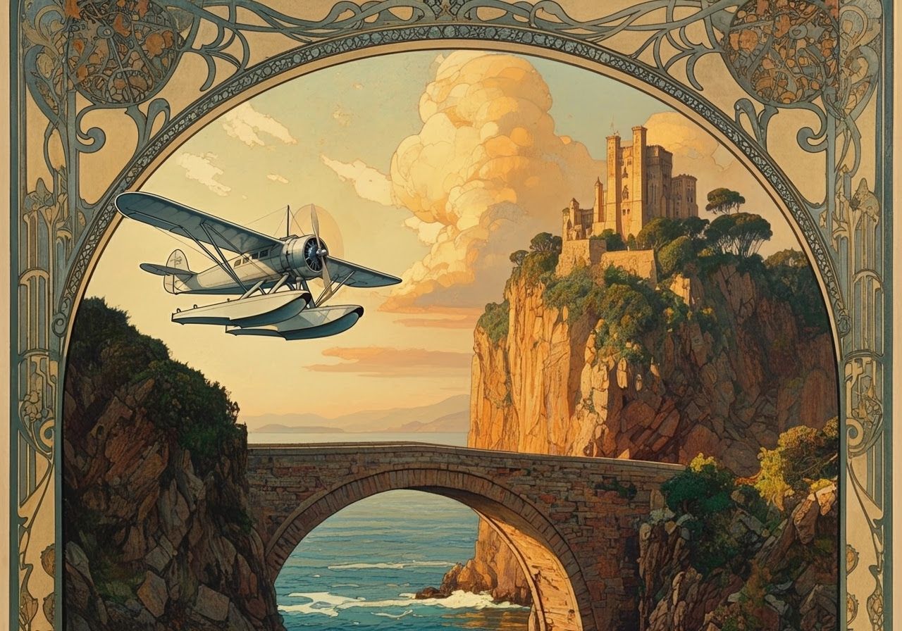 Art Deco Sea Bridge with Floatplane and Fortress