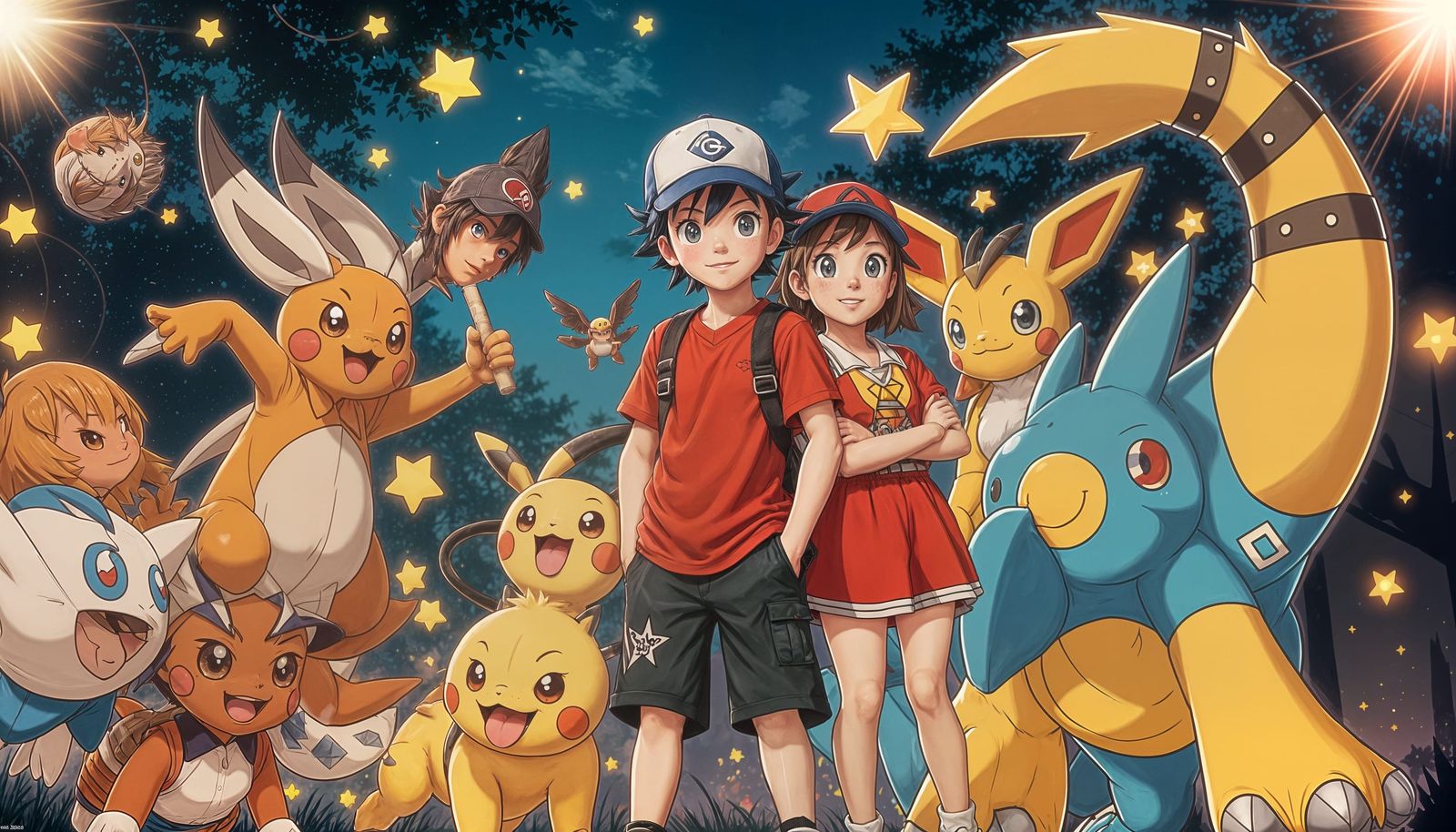 Ash Ketchum, Serena, and Pokémon in Anime Style