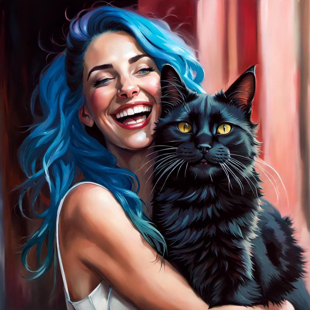 Laughing Blue-Haired Woman with Cat in Fantasy Art