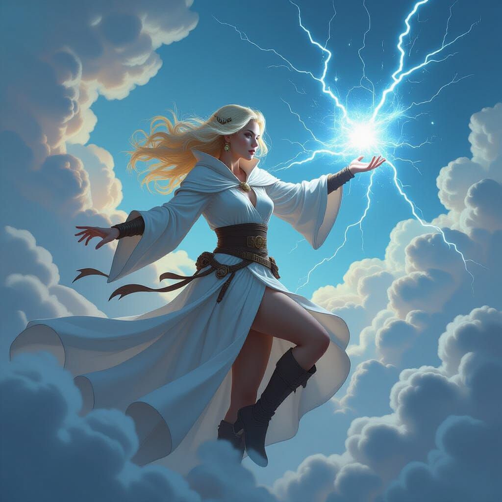 Blonde Witch Casting Lightning Spell in Dynamic Oil Painting