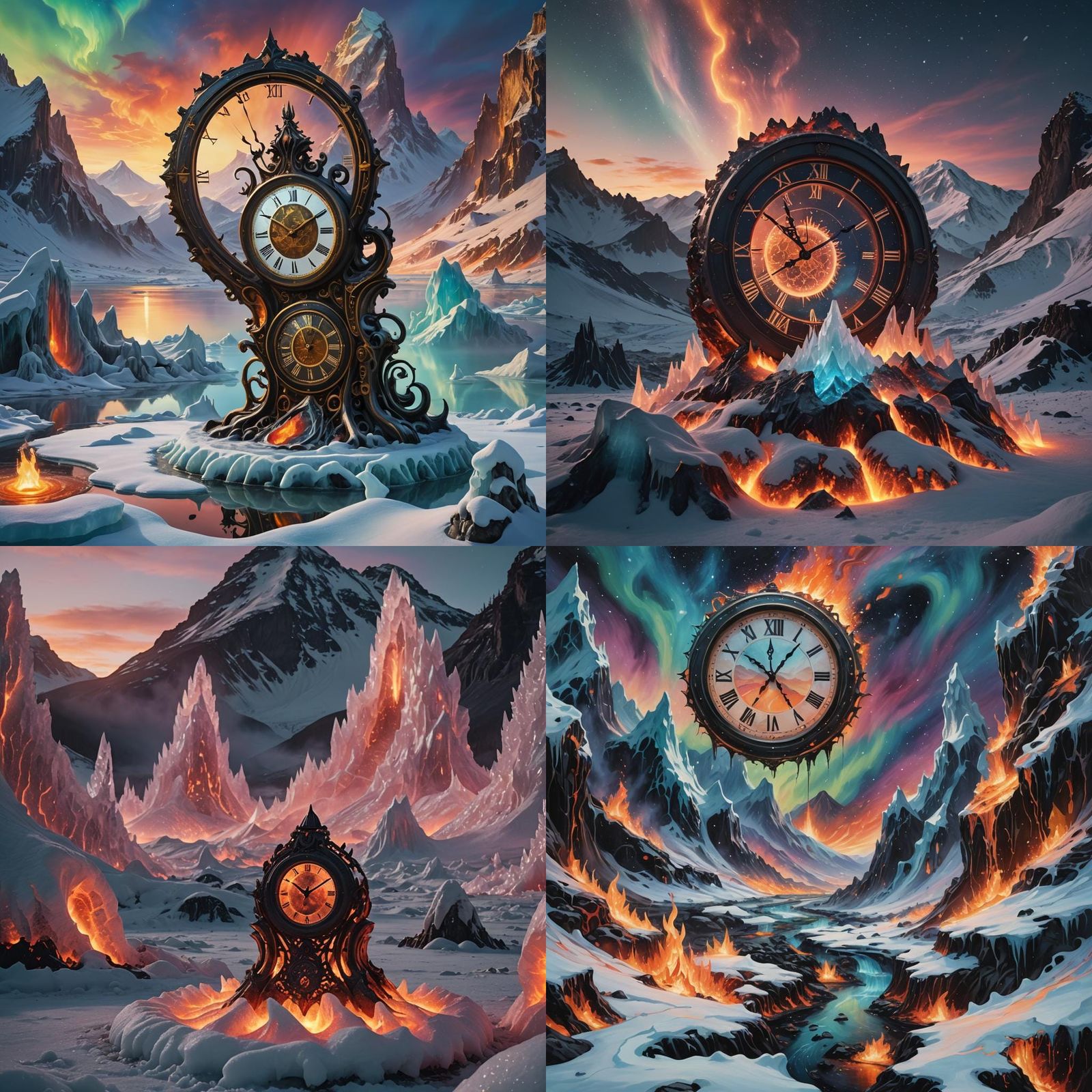 Surreal Molten Lava Clock Amid Snowy Peaks