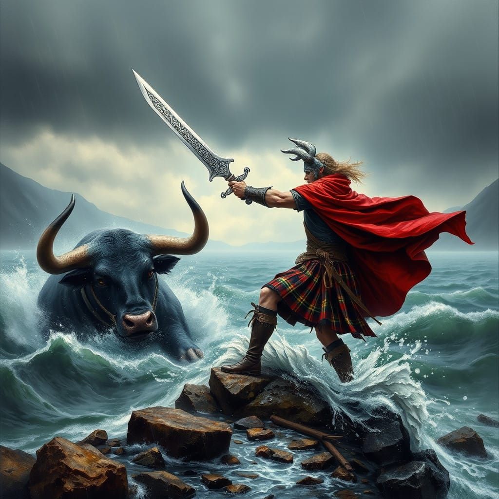 Highlander Warrior Engages Tarbh Uisge in Epic Combat
