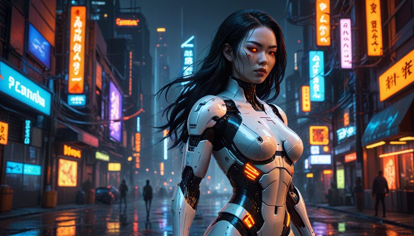 Hyperrealistic Female Cyborg in Cyberpunk City