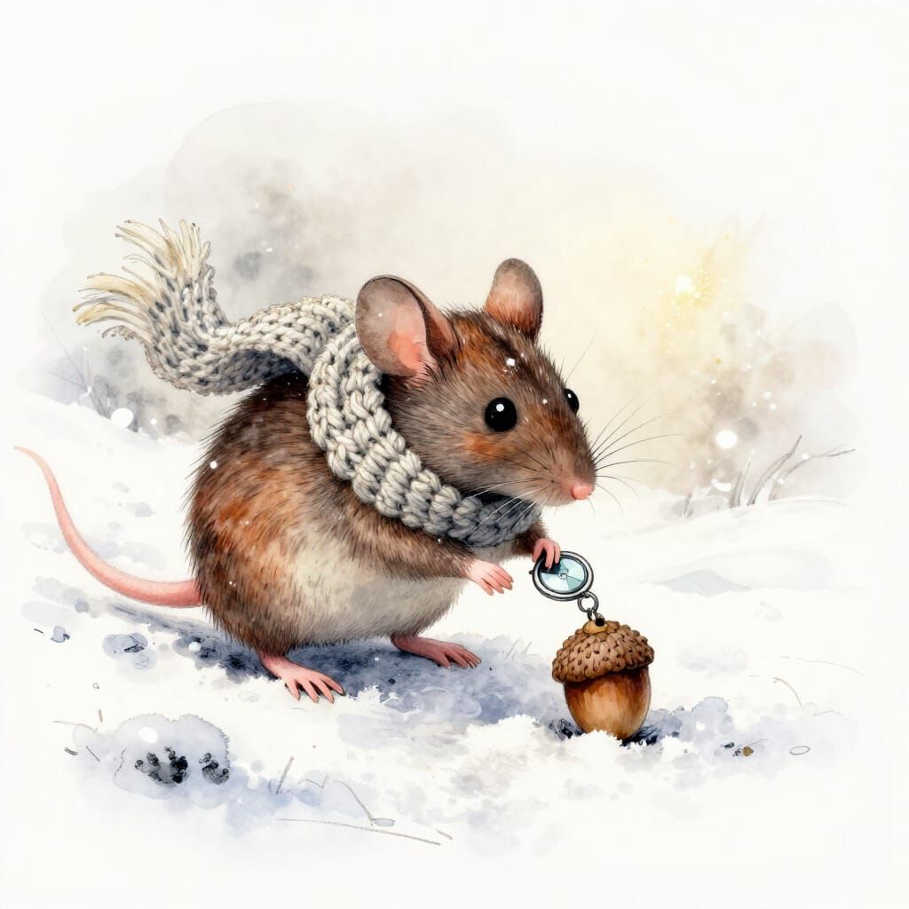 Mouse in Scarf Checks Pedometer on Snowy Trail