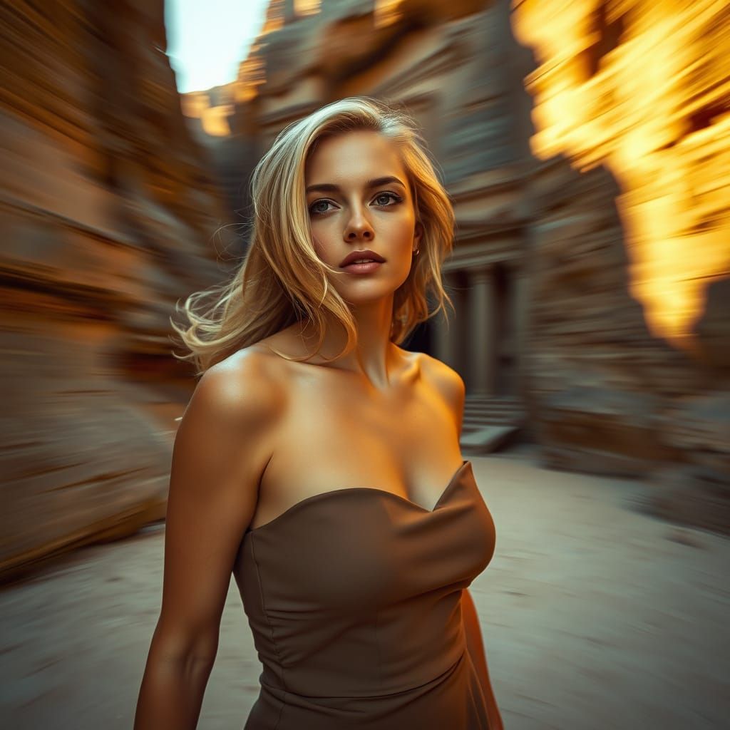 Woman Walks Through Petra at Sunset, Photorealistic Style